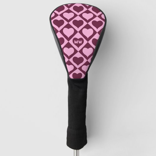 Custom Heart Checkerboard Pattern Bordeaux Pink -  ゴルフヘッドカバー (正面)