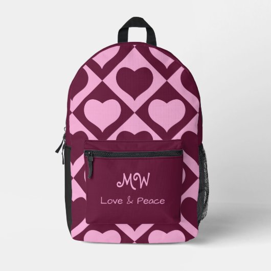 Custom Heart Checkerboard Pattern Bordeaux Pink - プリントバックパック (正面)