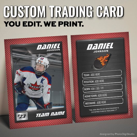 Custom Hockey Trading Card, Red Graphite Player コーリングカード