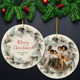 Custom Holiday Keepsake with Wreath Family Photo セラミックオーナメント