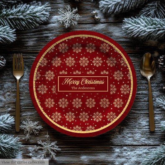 Custom Holiday Paper Plates Red Gold Monogram ペーパープレート
