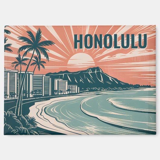 Custom Honolulu Waikiki Diamond Head Scenic Retro マグネット (正面)