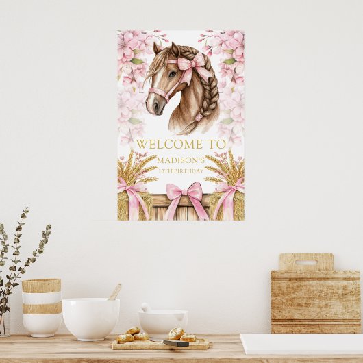 Custom Horse Design with Cherry Blossoms & Hay ポスター (キッチン)