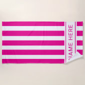Custom HotPink White Striped Beach Towel with Name ビーチタオル (正面)