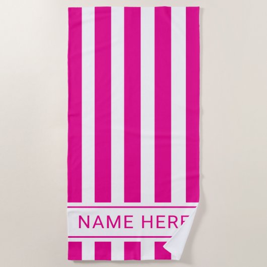 Custom HotPink White Striped Beach Towel with Name ビーチタオル (正面)