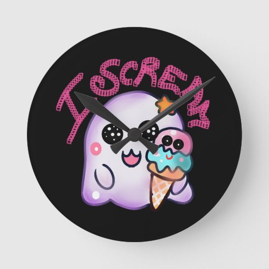 Custom "I Scream" Ghost with Ice Cream Cone Art ラウンド壁時計 (正面)