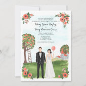 Custom Illustrated Couple Portrait Farm Wedding 招待状 (正面)
