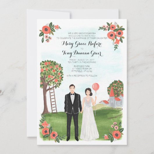 Custom Illustrated Couple Portrait Farm Wedding 招待状 (正面)