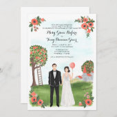 Custom Illustrated Couple Portrait Farm Wedding 招待状 (正面/裏面)