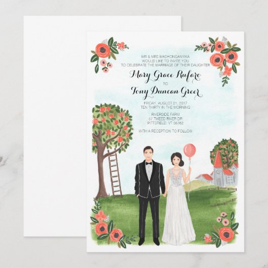 Custom Illustrated Couple Portrait Farm Wedding 招待状 (正面/裏面)