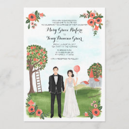 Custom Illustrated Couple Portrait Farm Wedding 招待状