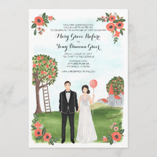 Custom Illustrated Couple Portrait Farm Wedding 招待状