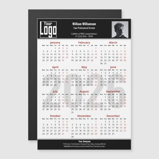 Custom Image Logo Black White 2026 Calendar Magnet (正面/裏面)
