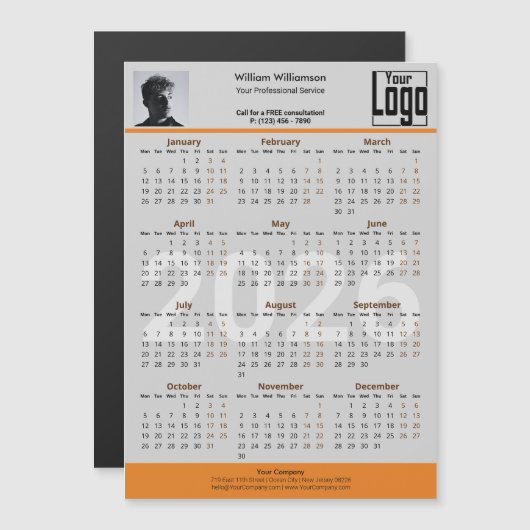 Custom Image Logo Gray Orange 2026 Calendar Magnet (正面/裏面)