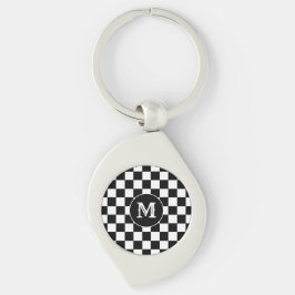 Custom Initial, Black White Checkered Keychain キーホルダー