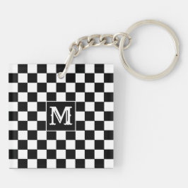 Custom Initial, Black White Checkered Keychain キーホルダー