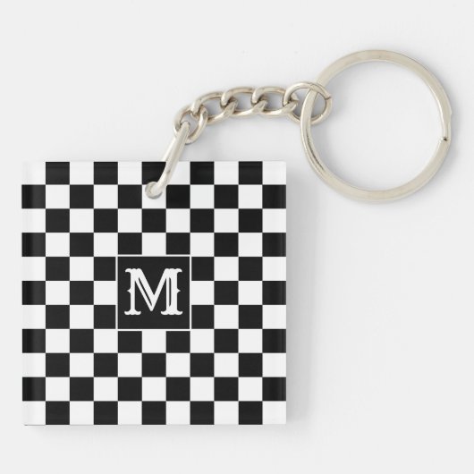 Custom Initial, Black White Checkered Keychain キーホルダー (裏面)