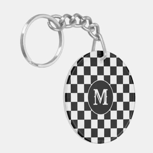 Custom Initial, Black White Checkered Keychain キーホルダー (正面左)