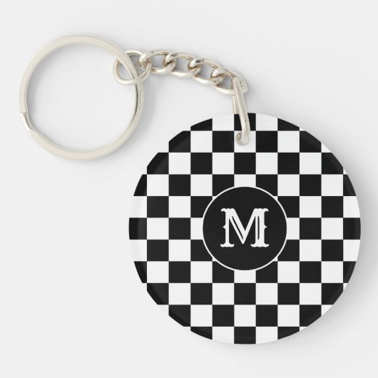 Custom Initial, Black White Checkered Keychain キーホルダー (正面)