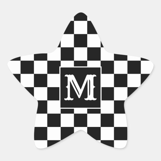 Custom Initial Black White Checkered Star Sticker 星シール (正面)
