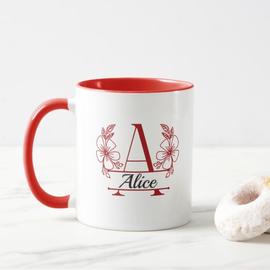 Custom Initial Floral Monogram Mug マグカップ (ドーナツ)