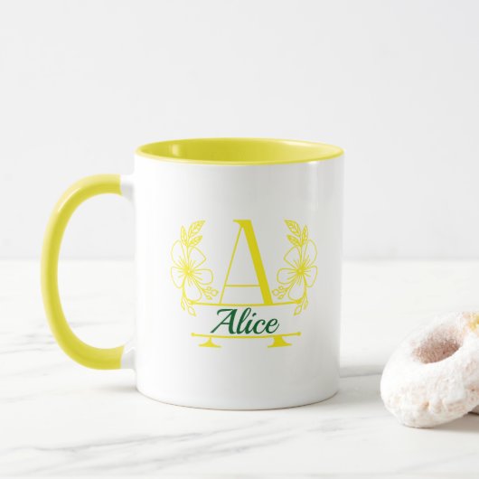 Custom Initial Floral Monogram Mug マグカップ (ドーナツ)