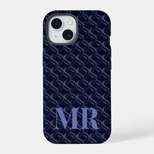 Custom Initial Large Modern Blue Lattice Rubber iPhone 15ケース (裏面)