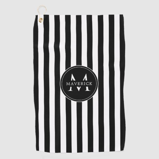 Custom Initial Name Black White Stripe Golf Towel ゴルフタオル (正面)