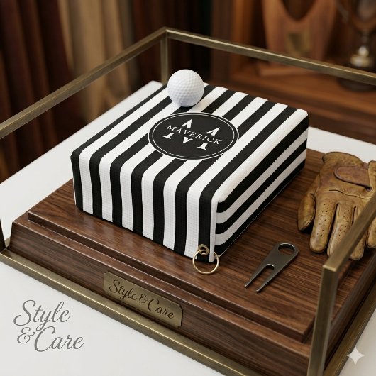 Custom Initial Name Black White Stripe Golf Towel ゴルフタオル