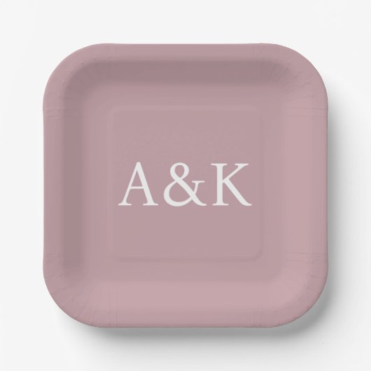 Custom Initials on Dusty Rose Mauve Wedding ペーパープレート (正面)