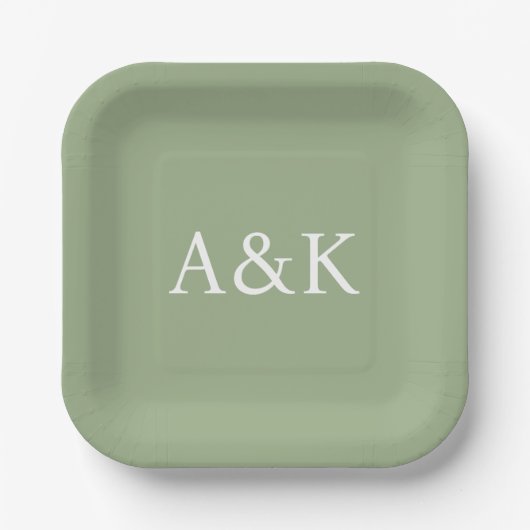 Custom Initials on Sage Green Wedding ペーパープレート (正面)
