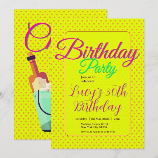 Custom Invitation, Polka Dots, Birthday Party 招待状 (正面/裏面)