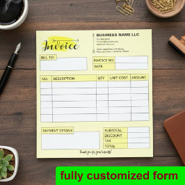 Custom Invoice Receipt, Yellow Small Business Name ノートパッド
