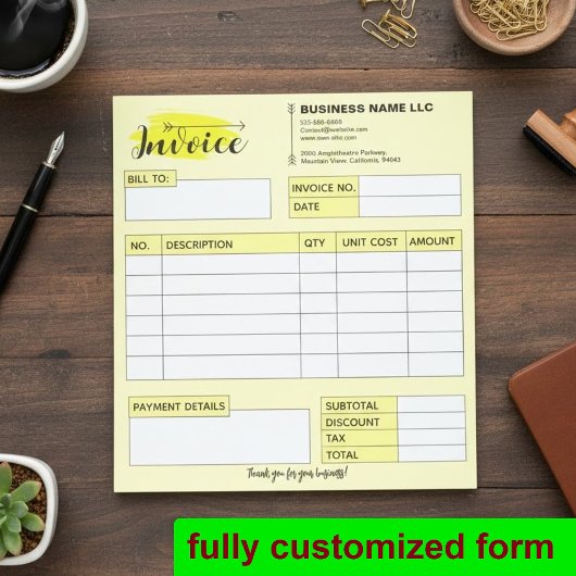 Custom Invoice Receipt, Yellow Small Business Name ノートパッド