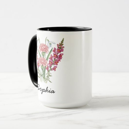 Custom January Birth Flower Mug - Carnation & Name マグカップ (正面左)