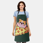 Custom Kawaii Cat Hugging Pepperoni Pizza Cartoon エプロン (着用した状態)