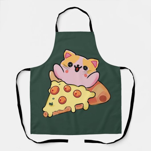 Custom Kawaii Cat Hugging Pepperoni Pizza Cartoon エプロン (正面)