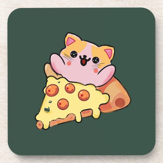 Custom Kawaii Cat Hugging Pepperoni Pizza Cartoon コースター (正面)