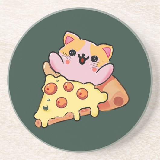 Custom Kawaii Cat Hugging Pepperoni Pizza Cartoon コースター (正面)