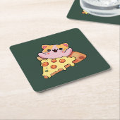 Custom Kawaii Cat Hugging Pepperoni Pizza Cartoon スクエアペーパーコースター (アングル)