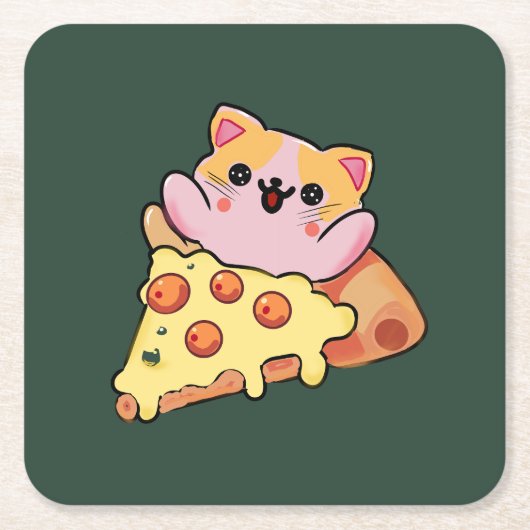 Custom Kawaii Cat Hugging Pepperoni Pizza Cartoon スクエアペーパーコースター (正面)