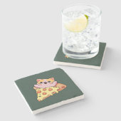 Custom Kawaii Cat Hugging Pepperoni Pizza Cartoon ストーンコースター (横)