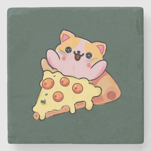 Custom Kawaii Cat Hugging Pepperoni Pizza Cartoon ストーンコースター (正面)