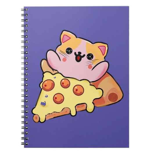 Custom Kawaii Cat Hugging Pepperoni Pizza Cartoon ノートブック (正面)