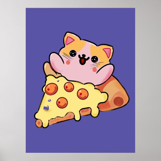 Custom Kawaii Cat Hugging Pepperoni Pizza Cartoon ポスター (正面)