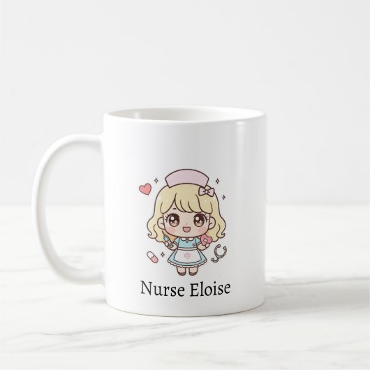 Custom Kawaii Nurse Mug – Personalized Cute Chibi  コーヒーマグカップ (左)