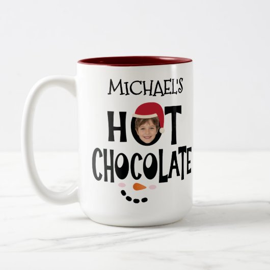 Custom Kid Face & Name Hot Chocolate Christmas ツートーンマグカップ (左)