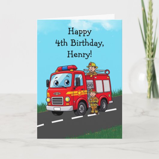 Custom Kid's Fire Truck Birthday Party カード (正面)
