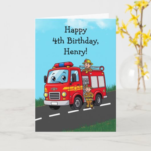 Custom Kid's Fire Truck Birthday Party カード (黄色い花)