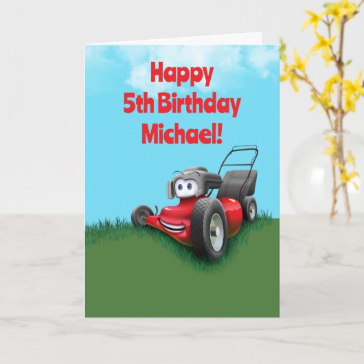 Custom Kid's Lawn Mowing Birthday カード (黄色い花)